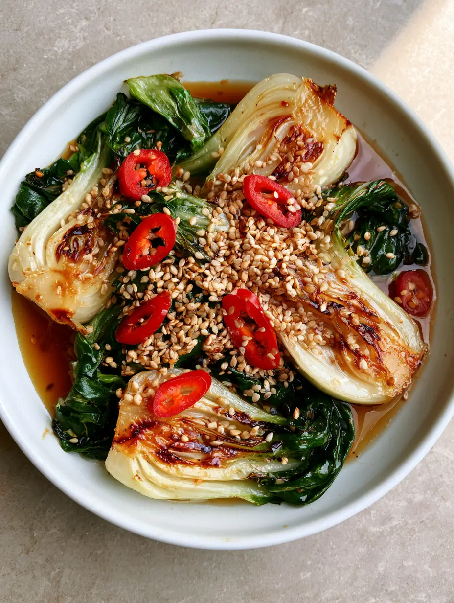 Sautéed Bok Choy with Ginger, Garlic, and Red Chili 3 Top-down shot of halved baby Sautéed Bok Choy showing golden-brown sear marks on vibrant white stalks and emerald leaves.