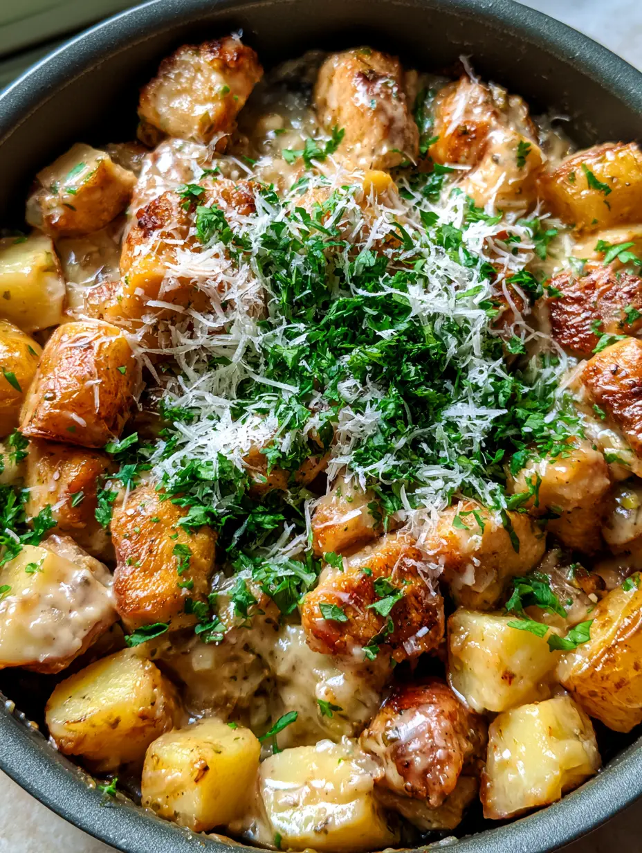 Close-up of seared chicken breast chunks and caramelized potatoes in a thick garlic parmesan cream sauce. (Garlic Parmesan Chicken and Potatoes)