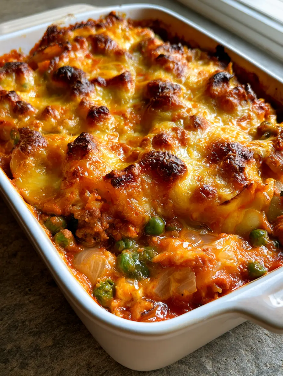 Close up of the bubbly cheese crust and crispy edges of the 5-Ingredient Casserole.