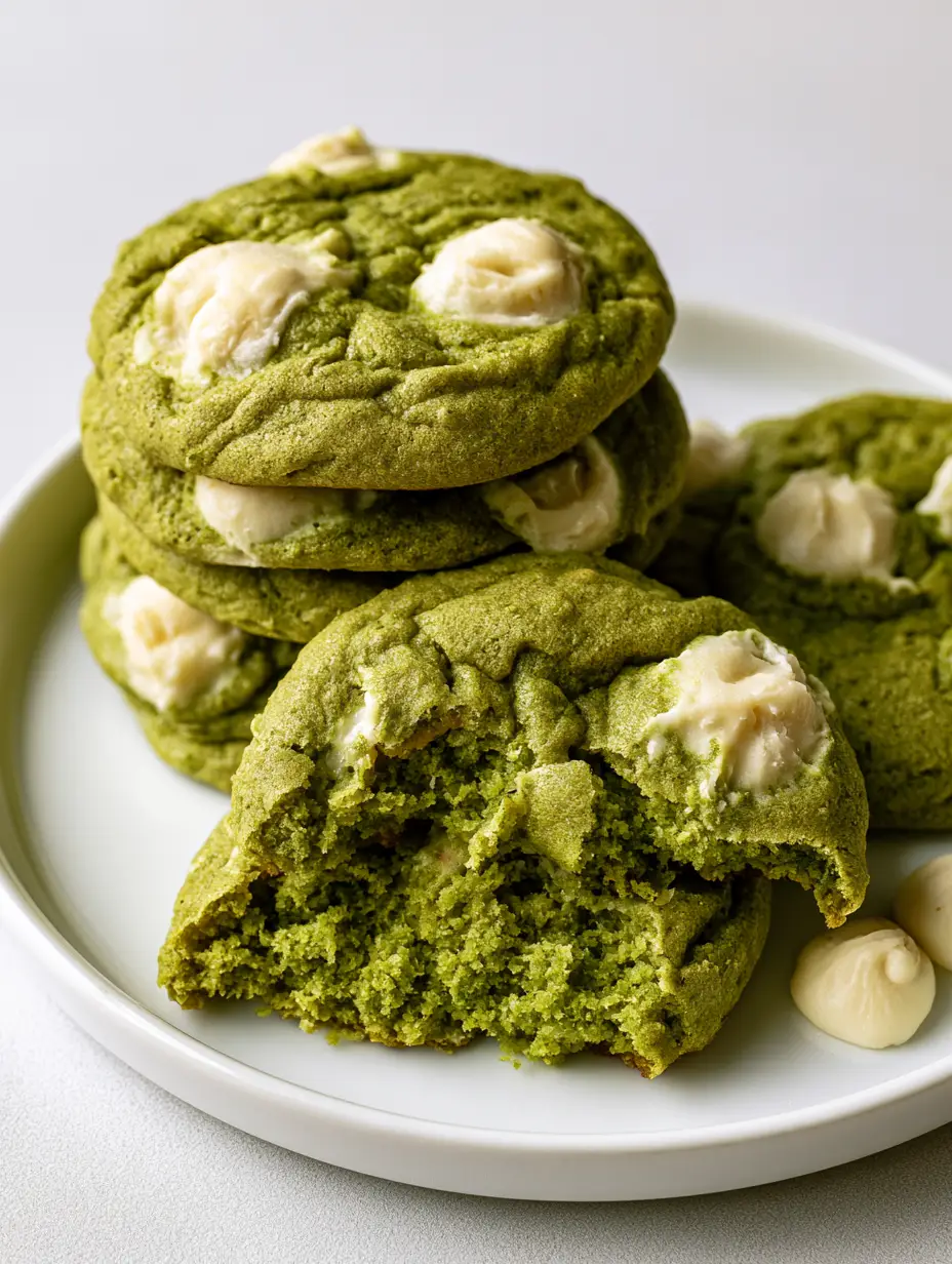 Close up of a halved Matcha White Chocolate Cookie showing a moist and dense moss green interior.