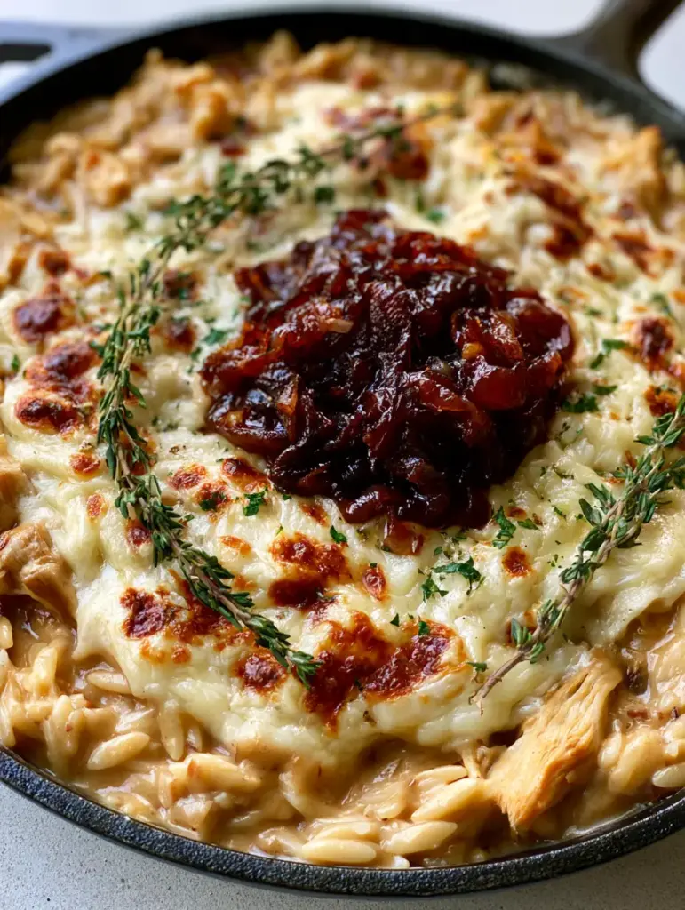 Close up shot of the dark mahogany caramelized onions resting on top of melted Gruyere cheese and chicken orzo.