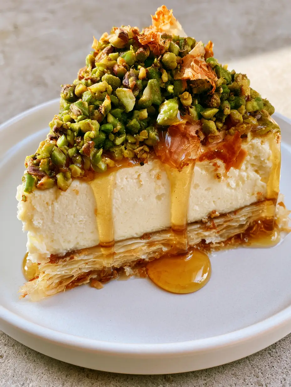 Eye-level shot of a slice of Baklava Cheesecake on a white plate with amber honey drizzle.