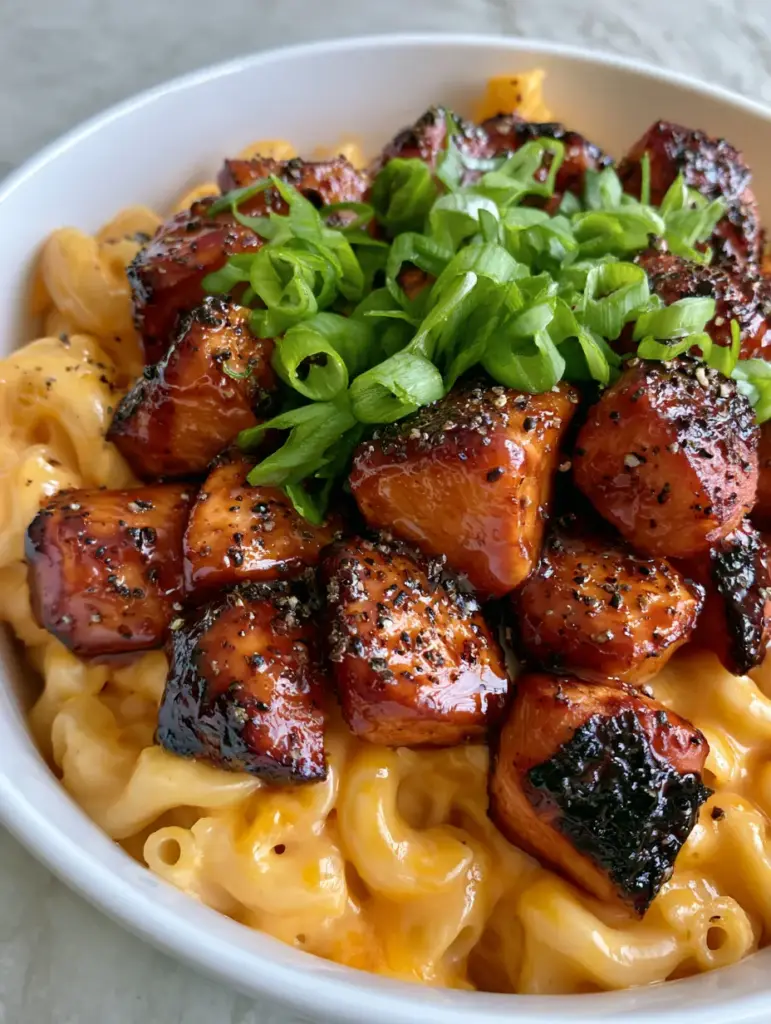 Honey Pepper Chicken Mac and Cheese: The Ultimate Sweet & Spicy Comfort Food 2 Close up of Honey Pepper Chicken Mac and Cheese with glossy golden-orange sauce and charred chicken chunks.