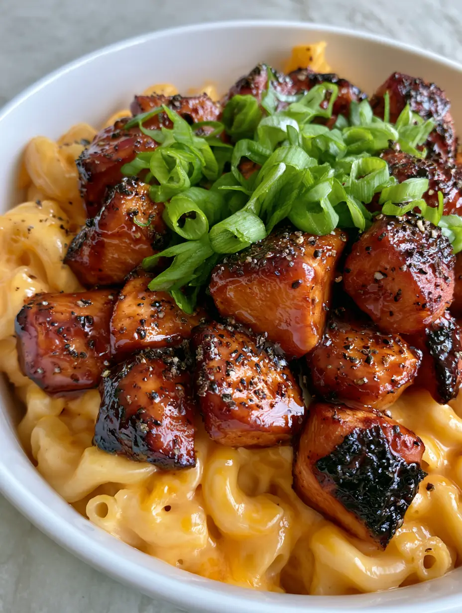 Honey Pepper Chicken Mac and Cheese: The Ultimate Sweet & Spicy Comfort Food 4 Close up of Honey Pepper Chicken Mac and Cheese with glossy golden-orange sauce and charred chicken chunks.