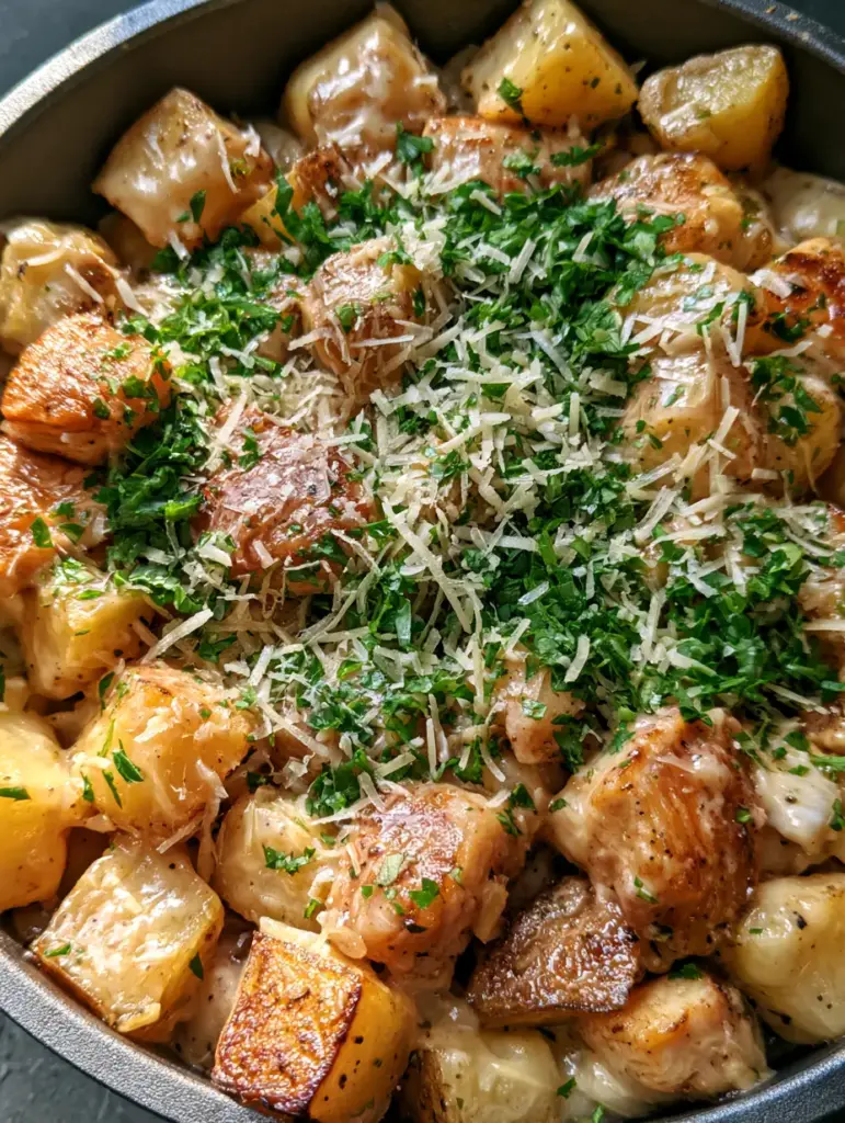 Handheld smartphone photo of Garlic Parmesan Chicken and Potatoes with caramelized potato edges and fresh parsley garnish.