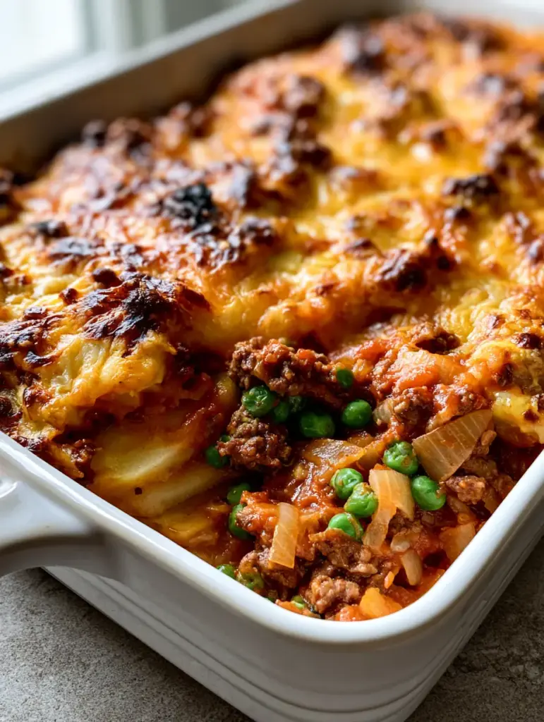 A side view showing the layers of sliced potatoes, beef, and green peas in a 5-Ingredient Casserole.
