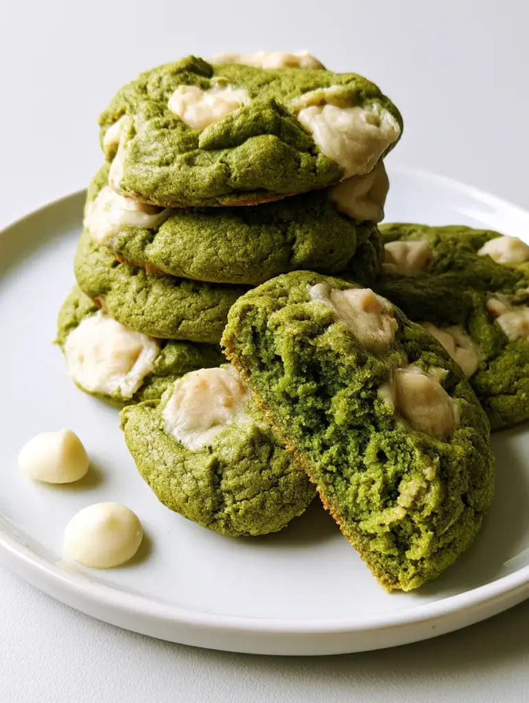 Stack of vibrant green tea cookies with melted white chocolate chips on a neutral background.
