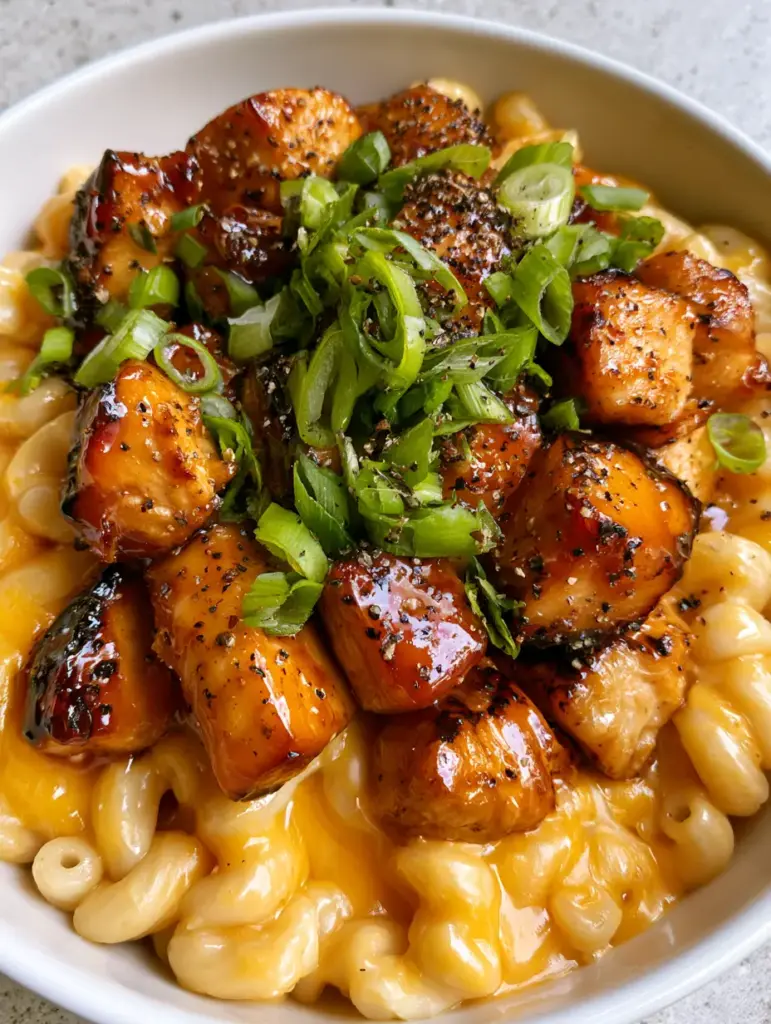 Honey Pepper Chicken Mac and Cheese: The Ultimate Sweet & Spicy Comfort Food 1 Smartphone photo of Honey Pepper Chicken Mac and Cheese garnished with scallions and coarse black pepper.