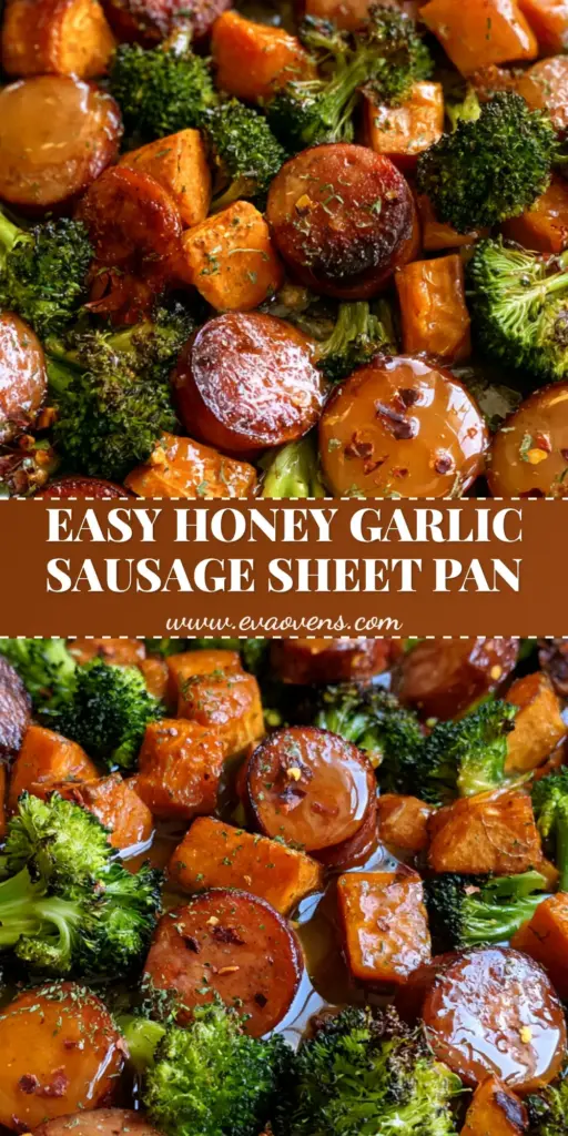 A top-down photo of Honey Garlic Sausage Sheet Pan Dinner featuring browned sausage rounds, charred broccoli, and roasted sweet potatoes with a glossy glaze.