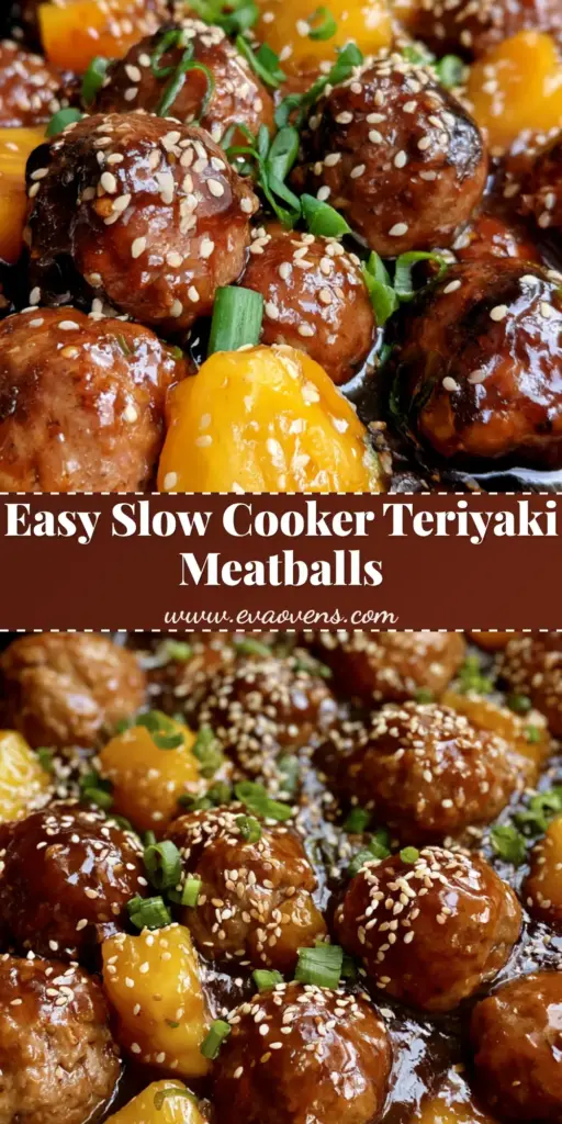 Slow Cooker Teriyaki Meatballs: The Ultimate Sticky Pineapple Glazed Recipe 3 A close-up of Slow Cooker Teriyaki Meatballs with a thick glossy mahogany glaze, pineapple chunks, and sesame seeds in a black insert.