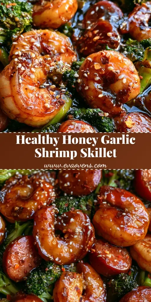 Top-down view of Honey Garlic Shrimp and Sausage in a skillet with glossy dark glaze, sesame seeds, and broccoli.