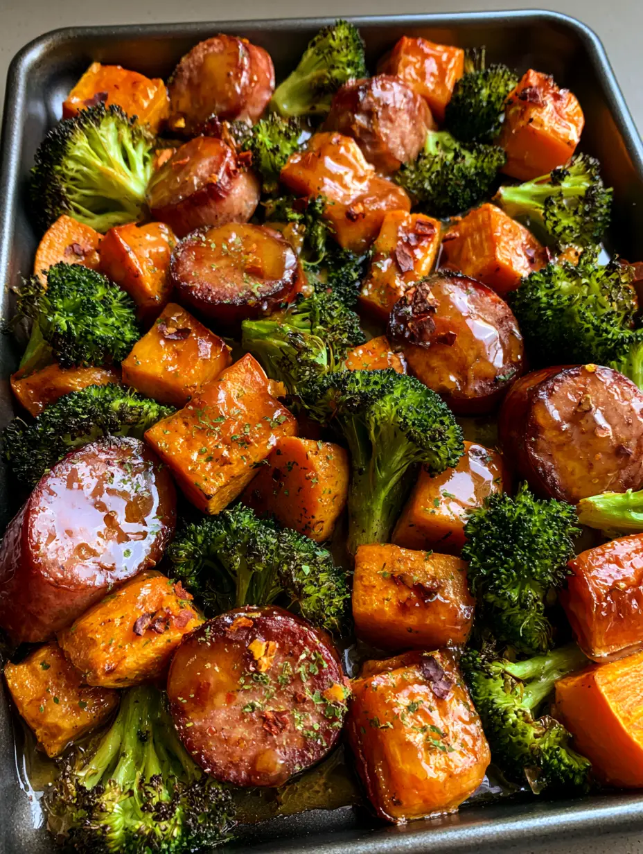 Thick slices of browned smoked sausage and caramelized sweet potatoes on a dark sheet pan (Honey Garlic Sausage Sheet Pan Dinner).