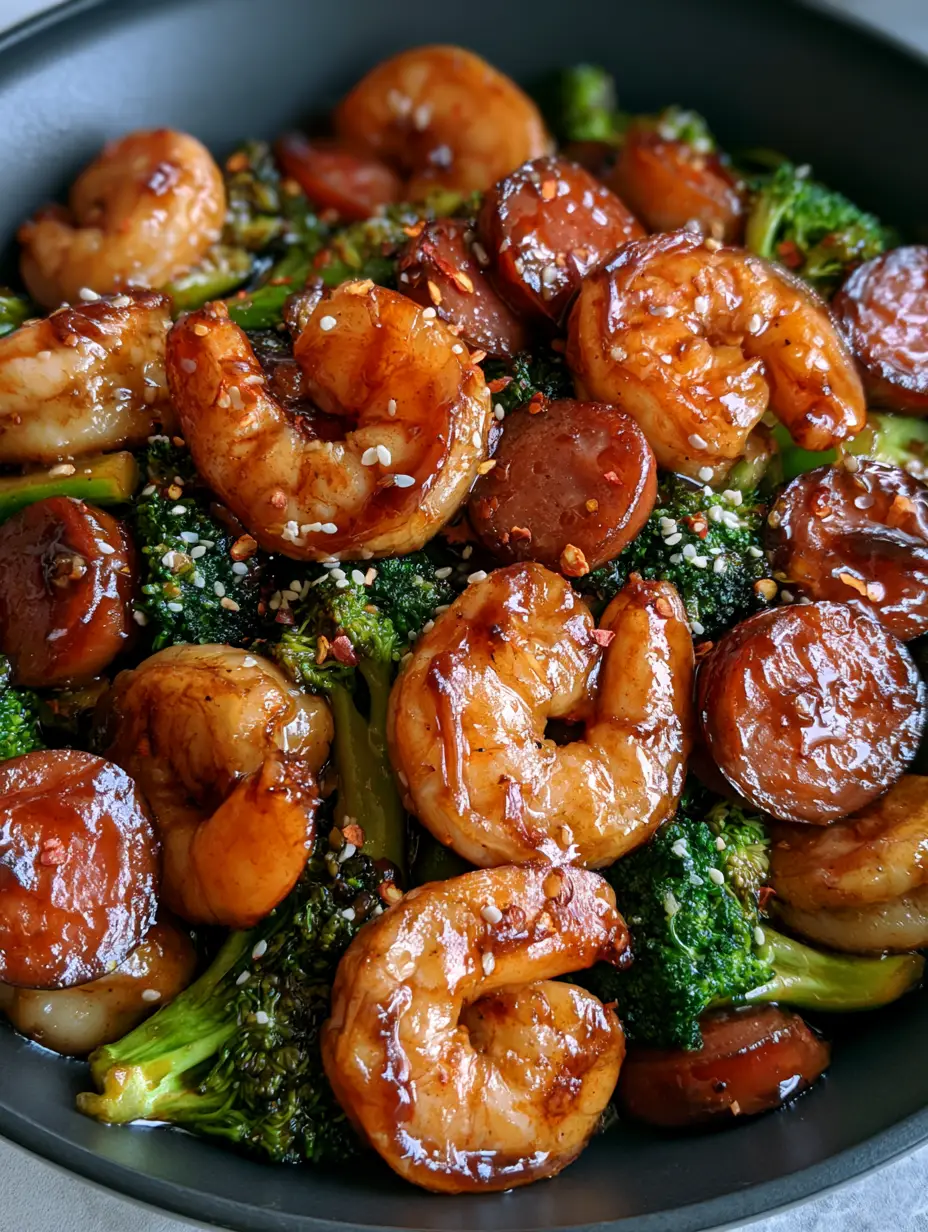 Close up of seared shrimp and caramelized sausage rounds coated in honey garlic glaze. (Honey Garlic Shrimp and Sausage)
