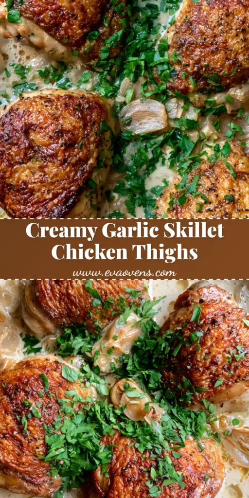 A close-up of a cast iron skillet containing four crispy Creamy Garlic Chicken Thighs garnished with fresh parsley.