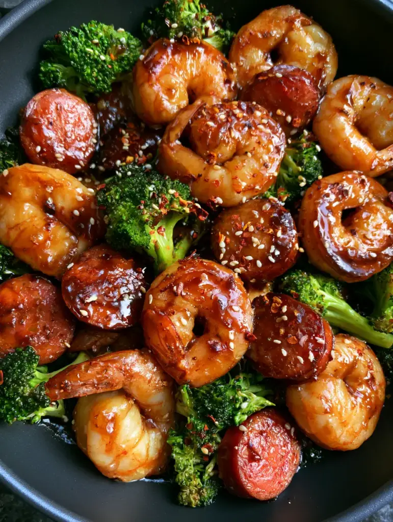 A dark bowl filled with Honey Garlic Shrimp and Sausage, garnished with red pepper flakes and sesame seeds.