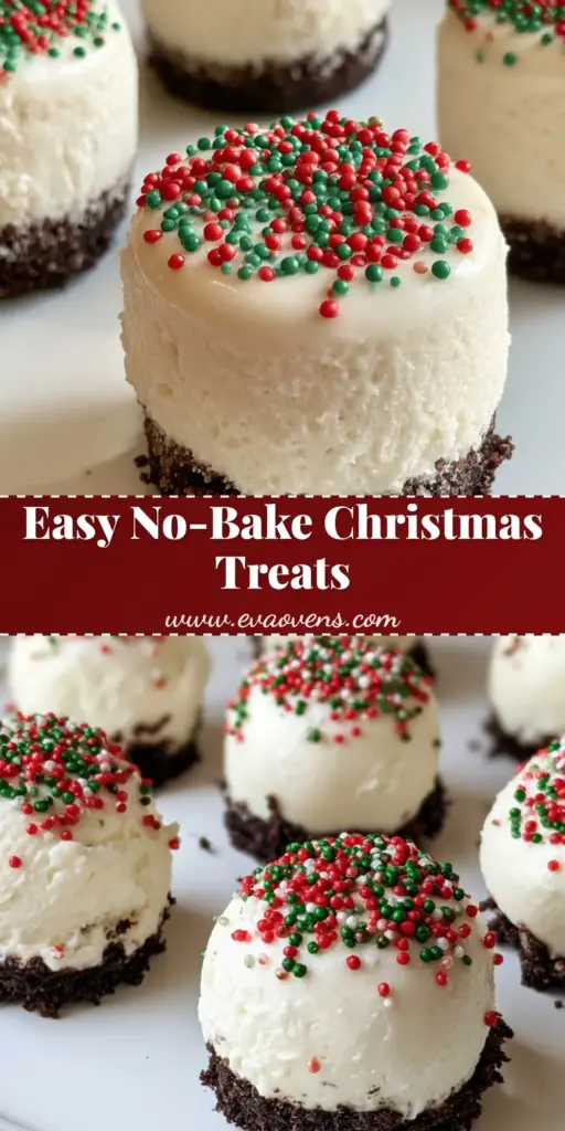 Several round No-Bake Christmas Cheesecake Bites with a dark cookie base and red and green sprinkles on a white plate.