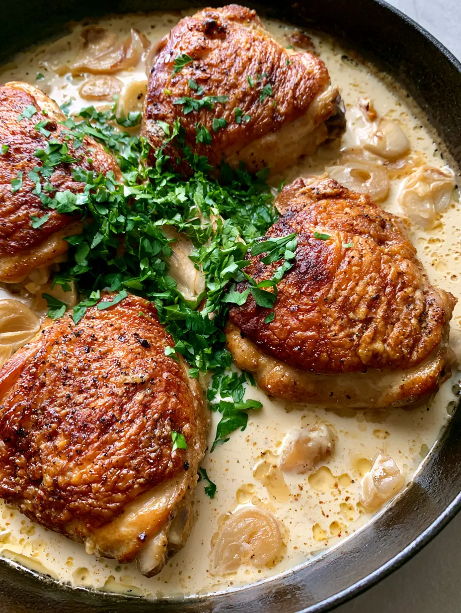 Top-down view of Creamy Garlic Chicken Thighs in a cast iron skillet with velvety sauce and sliced garlic.