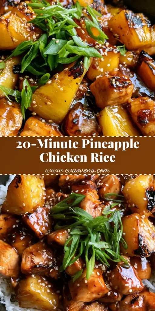 Pineapple Chicken and Rice: A 30-Minute Sweet and Savory Skillet 3 A cast iron skillet filled with fluffy white jasmine rice topped with golden seared chicken, charred pineapple chunks, and a glossy soy-ginger sauce, garnished with sesame seeds and green onions. (Pineapple Chicken and Rice)