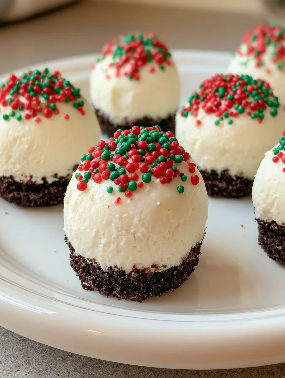 Close up handheld photo of No-Bake Christmas Cheesecake Bites showing the dense white filling and dark cookie crumb base.
