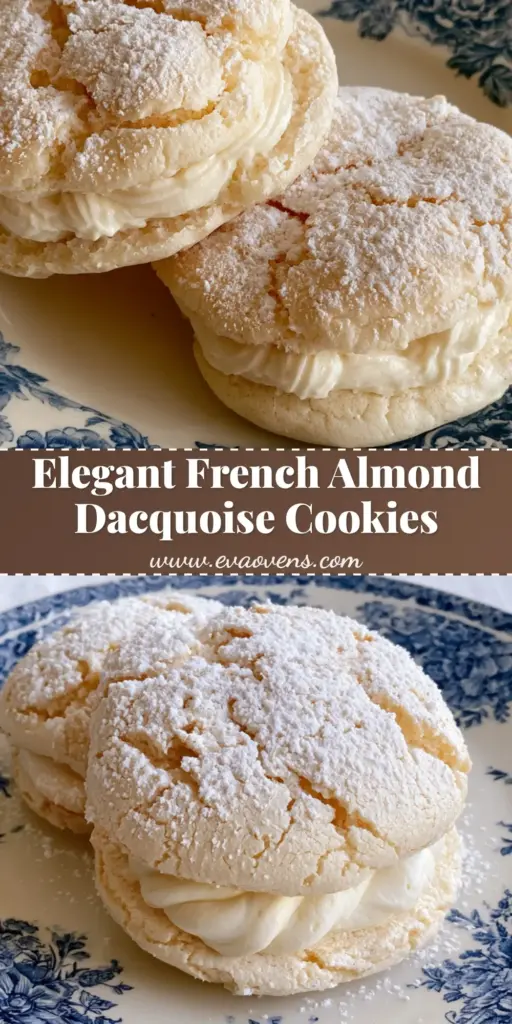 Two circular Almond Dacquoise Cookies sandwiched with cream and dusted with powdered sugar on a vintage blue and white porcelain plate.