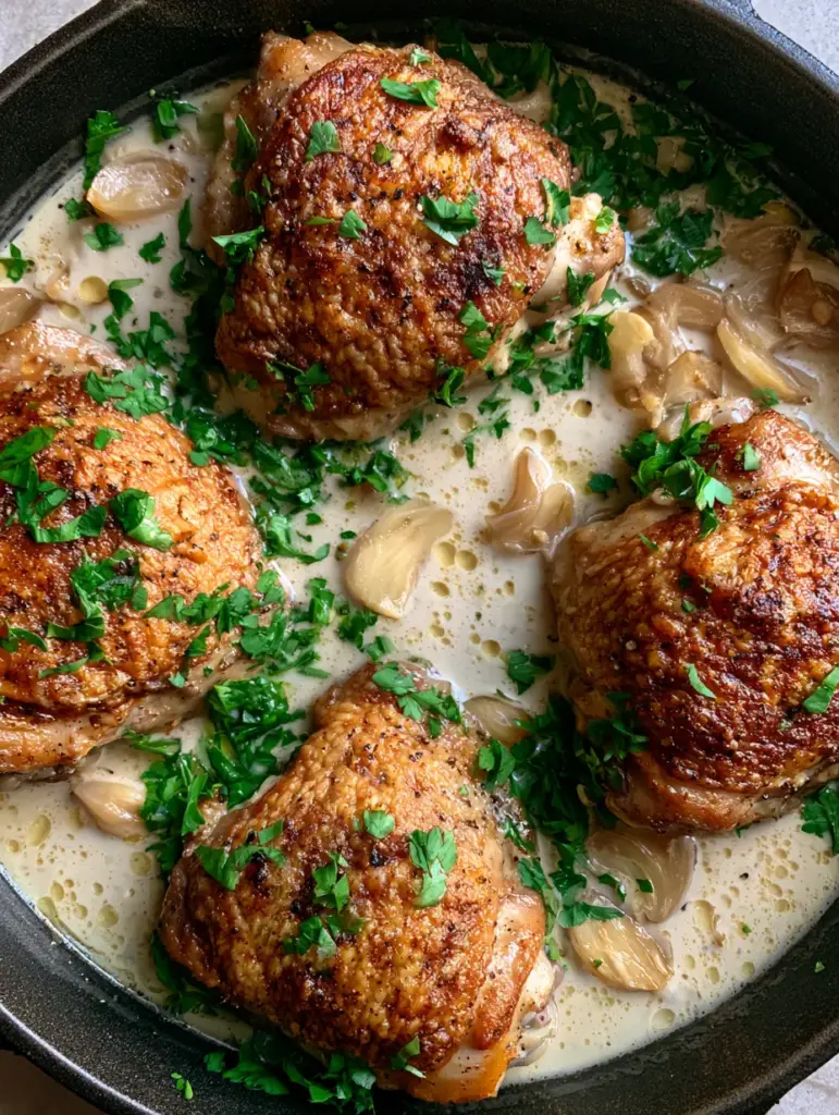 Close-up detail of the thick garlic cream sauce and crispy skin of Creamy Garlic Chicken Thighs.