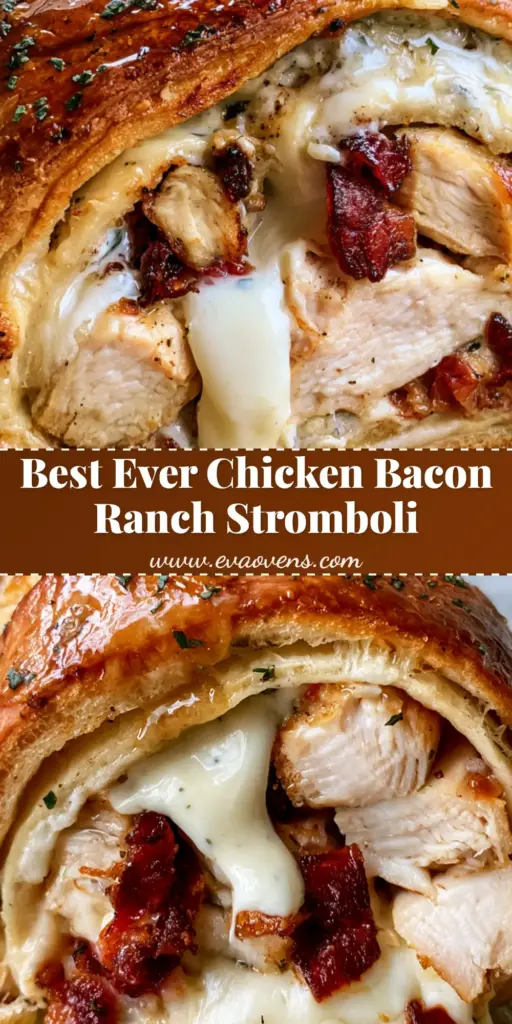 Chicken Bacon Ranch Stromboli: The Ultimate Golden-Brown Crust Recipe 4 A close-up handheld photo of a sliced Chicken Bacon Ranch Stromboli showing melted mozzarella and crispy bacon on a wooden board.
