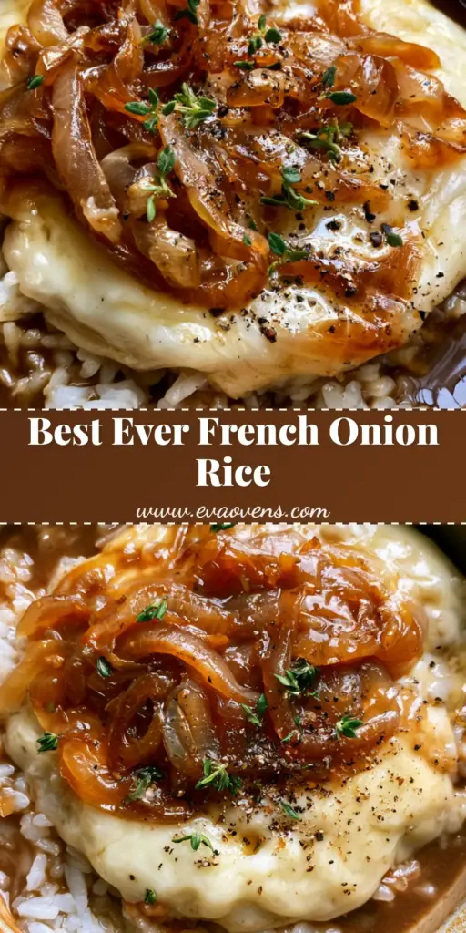 A top-down view of a rustic ceramic bowl filled with French Onion Rice topped with melted Gruyere cheese, caramelized onions, and fresh thyme.