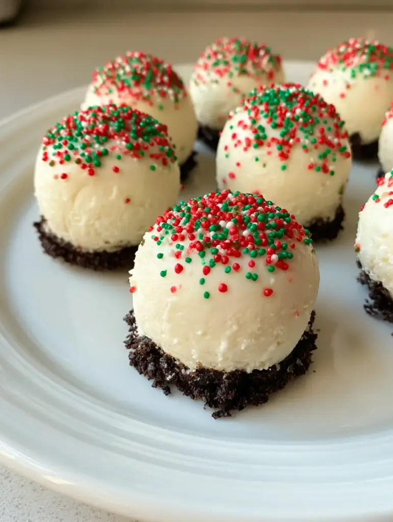 Top view of No-Bake Christmas Cheesecake Bites covered in matte red and green holiday sprinkles.