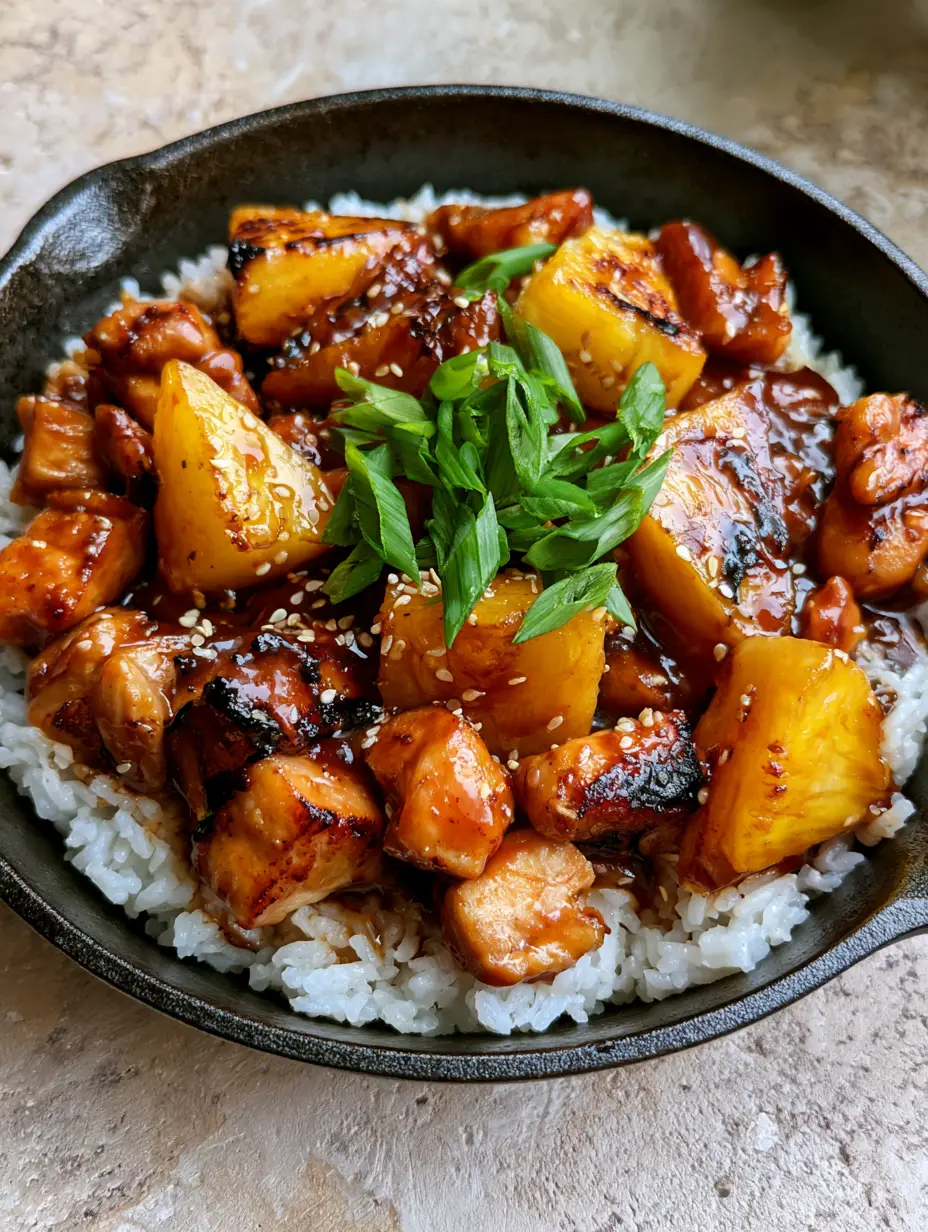 Pineapple Chicken and Rice: A 30-Minute Sweet and Savory Skillet 4 Close up of seared chicken breast and charred pineapple chunks in a dark amber soy glaze over jasmine rice. (Pineapple Chicken and Rice)
