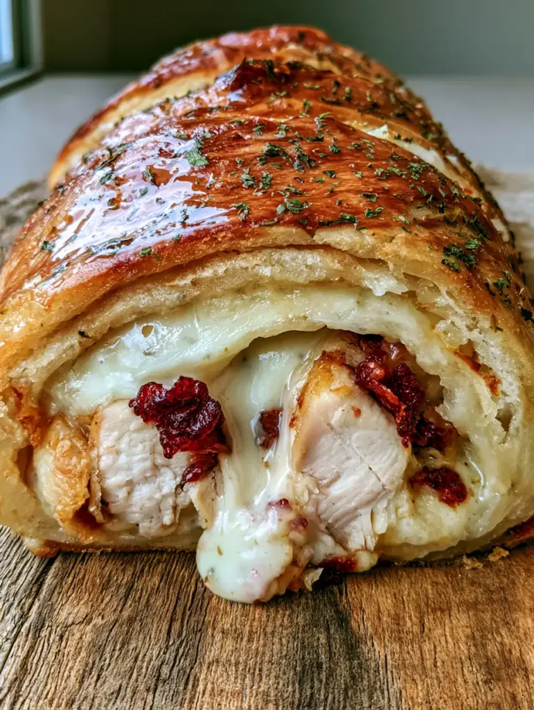 Chicken Bacon Ranch Stromboli: The Ultimate Golden-Brown Crust Recipe 2 A freshly sliced Chicken Bacon Ranch Stromboli with oozing white ranch sauce and thick layers of melted cheese.