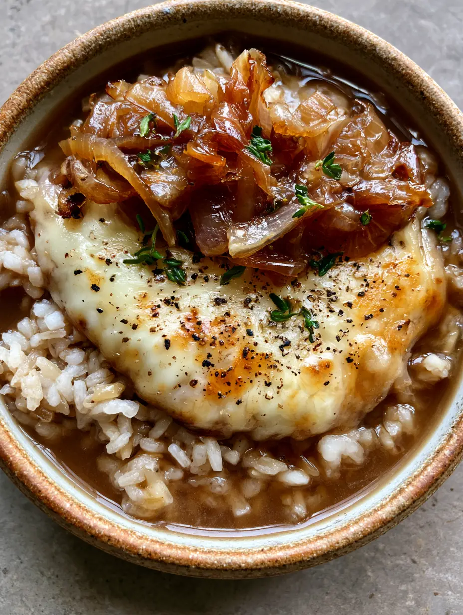 Close up shot of fluffy white rice grains simmered in rich beef broth for French Onion Rice.