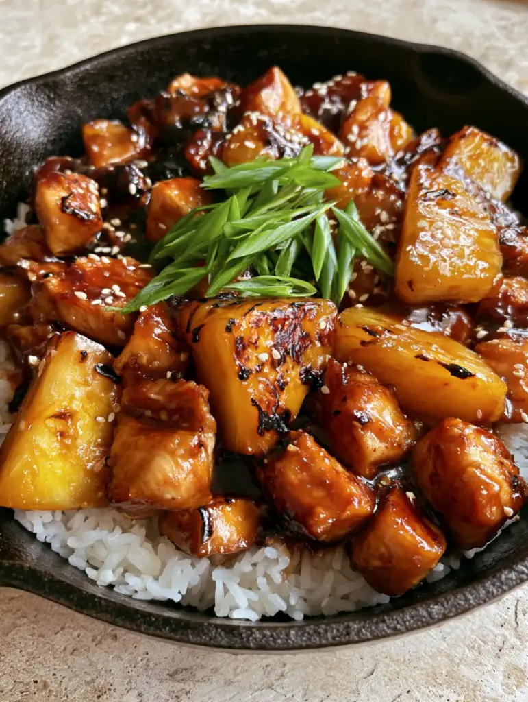 Pineapple Chicken and Rice: A 30-Minute Sweet and Savory Skillet 1 A seasoned black cast iron skillet featuring Pineapple Chicken and Rice with bright green scallions and white sesame seeds.