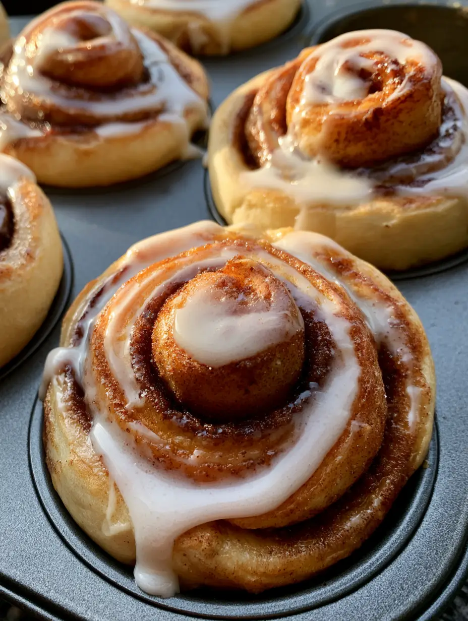 Individual cinnamon roll muffins showing tight spirals of yeast dough and dark brown cinnamon filling.
