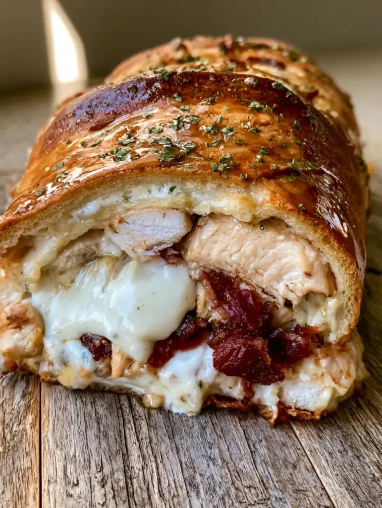 Chicken Bacon Ranch Stromboli: The Ultimate Golden-Brown Crust Recipe 1 Extreme close-up of the buttery golden-brown crust of a Chicken Bacon Ranch Stromboli dusted with parsley.