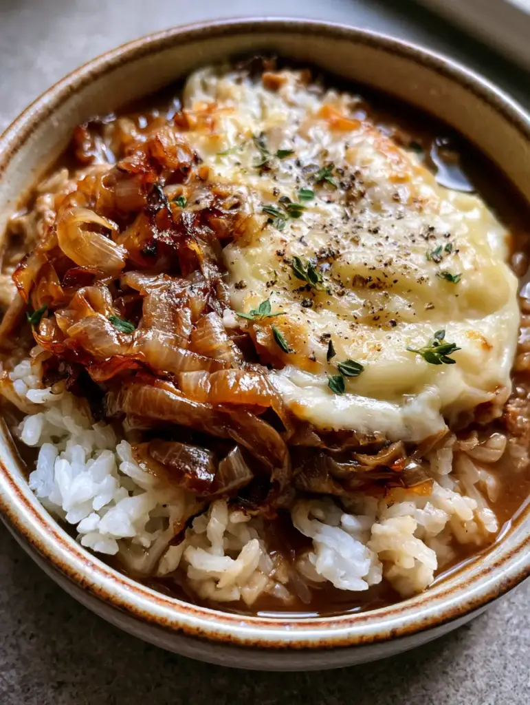 Deeply caramelized translucent brown onion slices layered over rice and cheese.