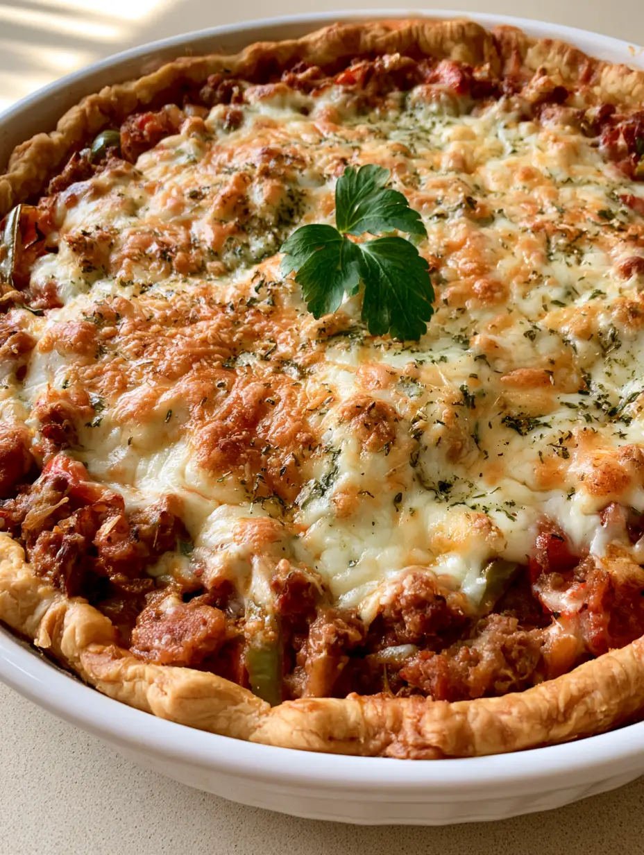 Close up of the melted mozzarella and toasted parmesan topping on an Italian Beef and Sausage Pie.