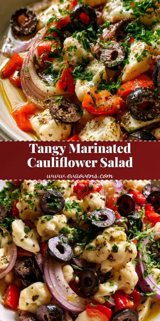 A close-up of Marinated Cauliflower Salad in a white bowl with red peppers, black olives, and golden vinaigrette.