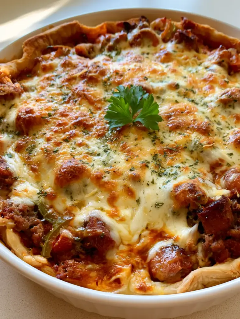A handheld shot of a deep-dish Italian Beef and Sausage Pie in a white ceramic dish under natural light.