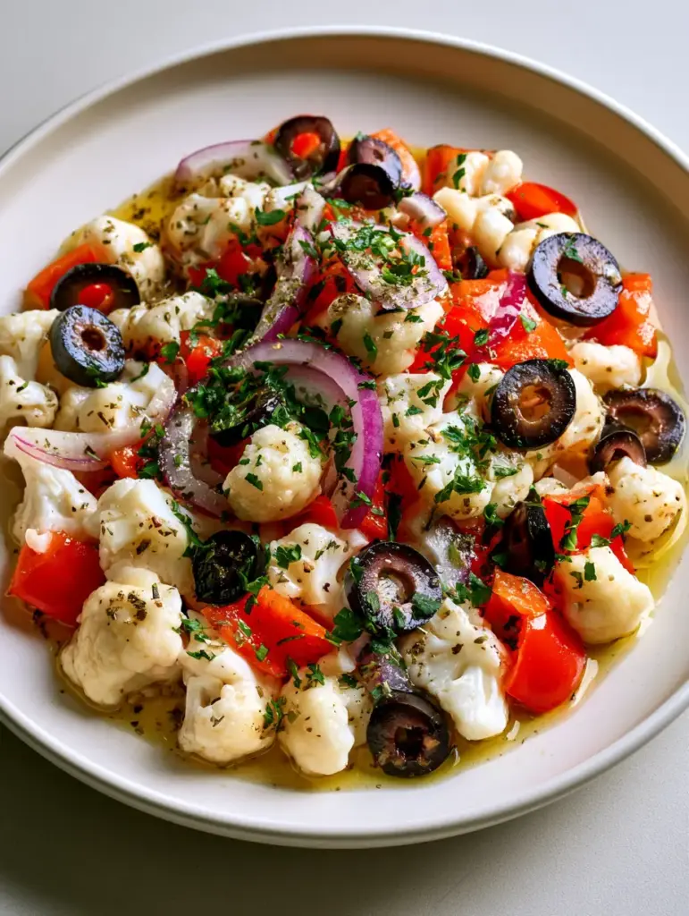 Top down view of glossy Marinated Cauliflower Salad with dried oregano and fresh parsley. (Marinated Cauliflower Salad)