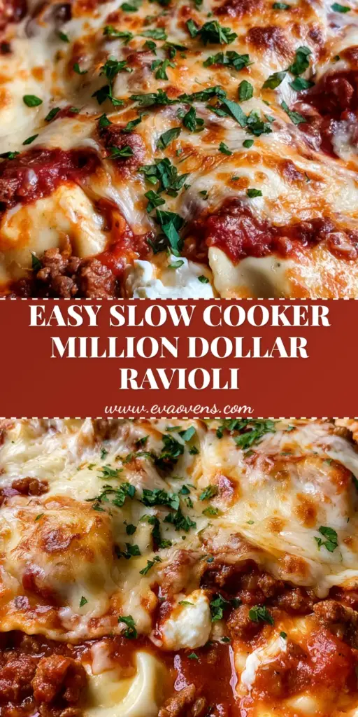 Million Dollar Ravioli Crockpot: The Ultimate Cheesy Slow Cooker Dinner 4 A high-angle photo of Million Dollar Ravioli Crockpot in a black slow cooker, featuring melted bubbly mozzarella cheese and fresh parsley garnish.