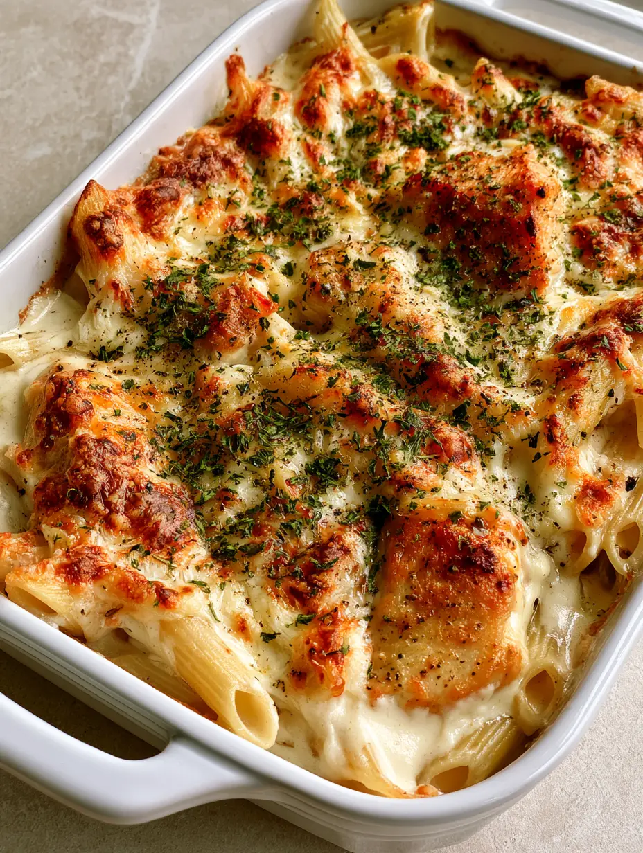 Close up of penne pasta and seared chicken chunks in a thick glossy white cream sauce. (Garlic Parmesan Chicken Pasta Bake)