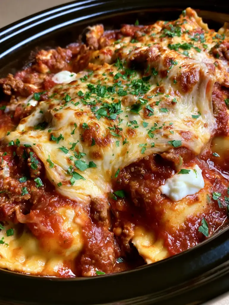 Million Dollar Ravioli Crockpot: The Ultimate Cheesy Slow Cooker Dinner 2 Close up view of Million Dollar Ravioli Crockpot showing cheese ravioli and chunky meat sauce.