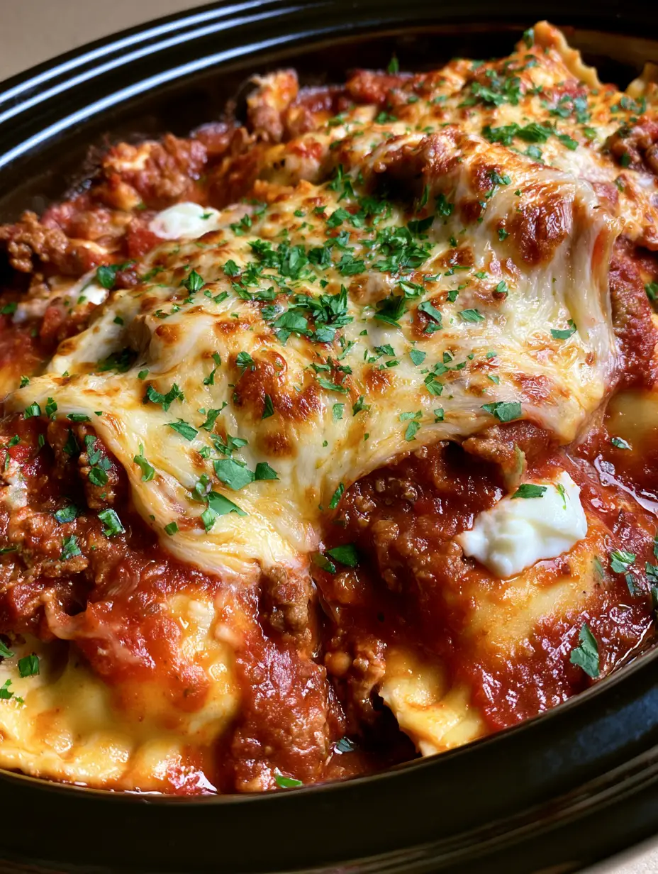 Million Dollar Ravioli Crockpot: The Ultimate Cheesy Slow Cooker Dinner 3 Close up view of Million Dollar Ravioli Crockpot showing cheese ravioli and chunky meat sauce.
