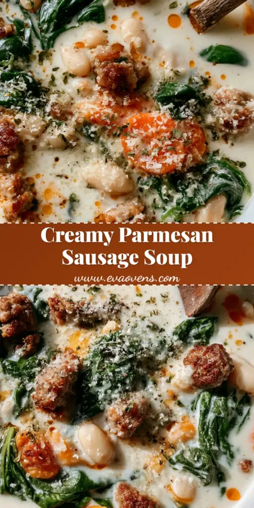 A close-up overhead shot of Creamy Parmesan Sausage Soup in a white bowl with orange oil droplets, spinach, and a wooden spoon.