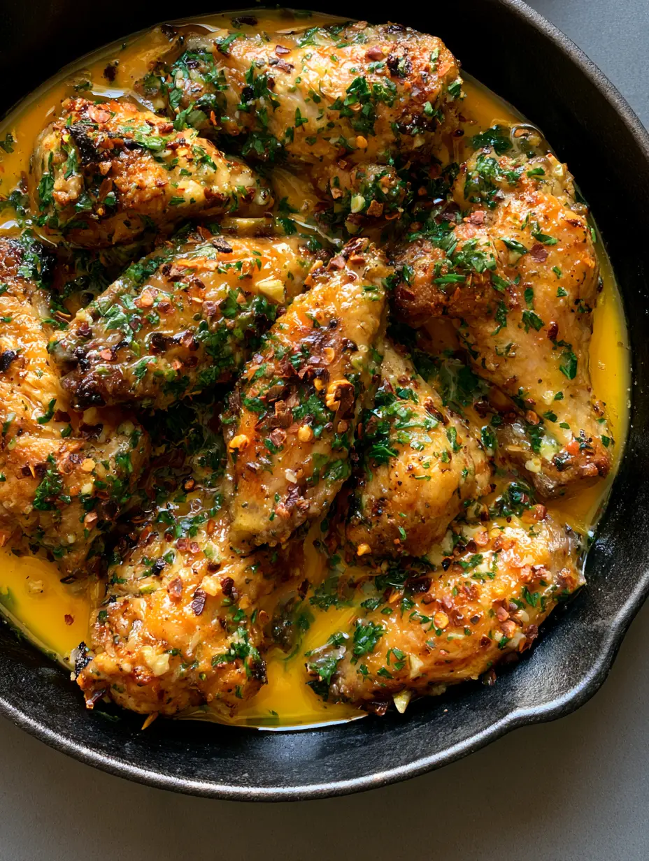 Close up of crispy golden-brown Cowboy Butter Chicken Wings drizzled with thick garlic butter sauce and garnished with red pepper flakes.