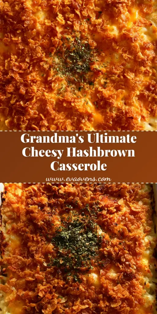 A top-down view of Hash Brown Casserole with a golden-brown cornflake crust and dried parsley in a white dish.