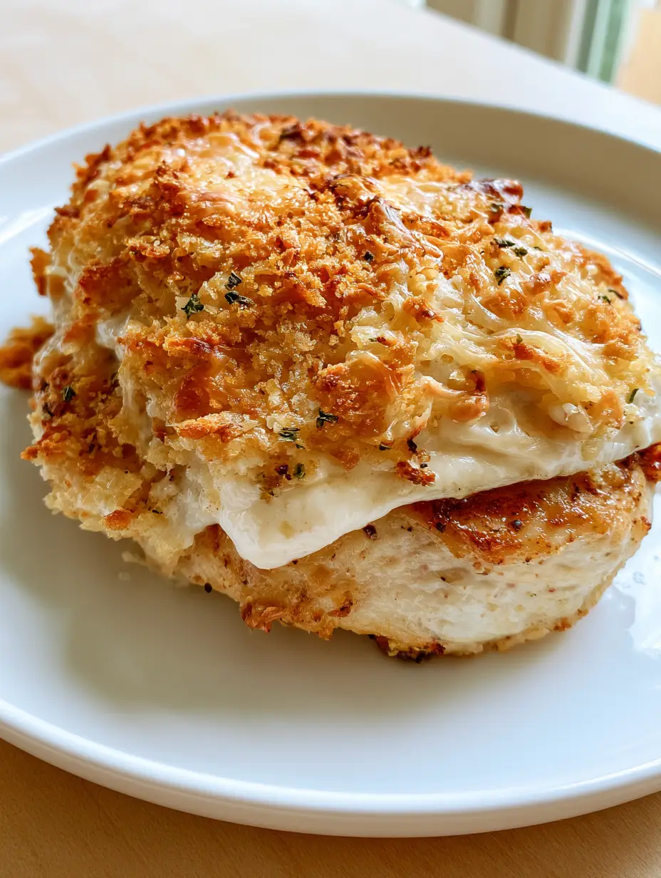 Close-up of Longhorn Parmesan Crusted Chicken showing the visible golden-brown sear and creamy white spread.