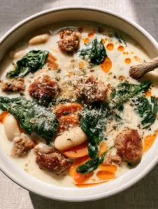 Creamy Parmesan Sausage Soup showing chunky sausage and wilted spinach in a thick white broth.