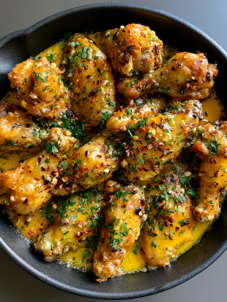 Top-down view of drumettes and wings in a cast iron skillet with Cowboy Butter sauce, garlic, and parsley.