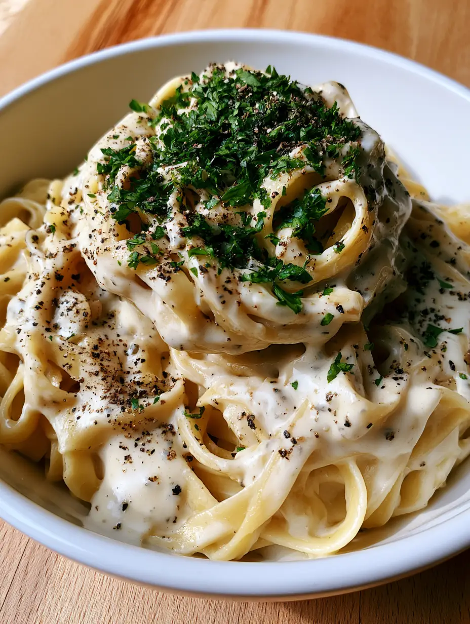 Homemade Alfredo Sauce: The Ultimate Creamy Garlic Parmesan Guide 4 A top-down view of thick glossy ivory alfredo sauce on pasta ribbons with fresh parsley. (Homemade Alfredo Sauce)